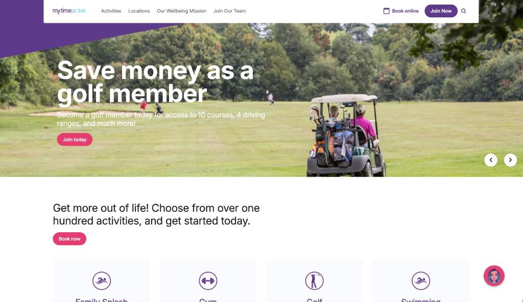 Mytime Active homepage: golf membership hero, activities and booking