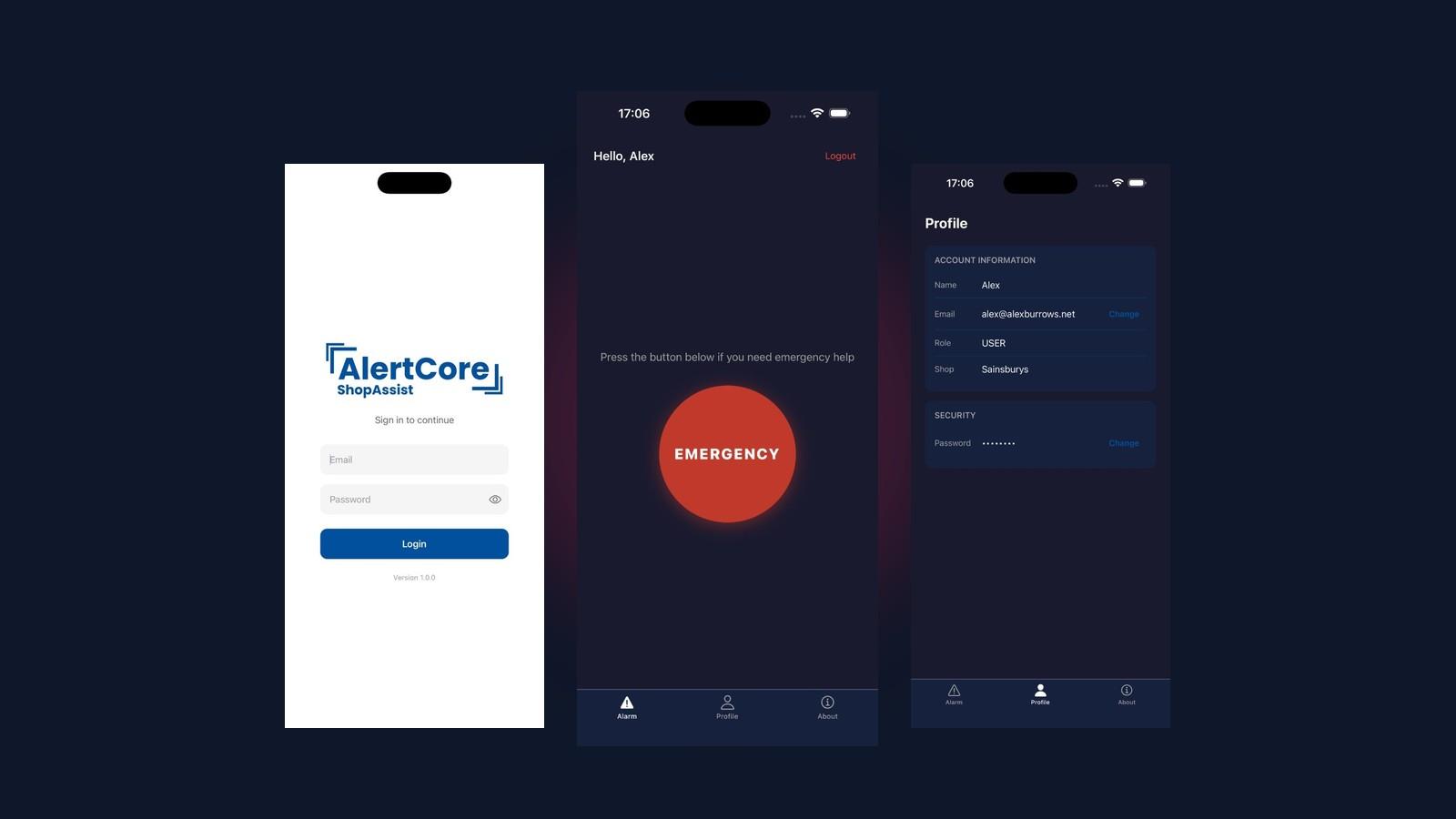 ShopAssist app screens: sign in, the emergency panic button, and staff profile