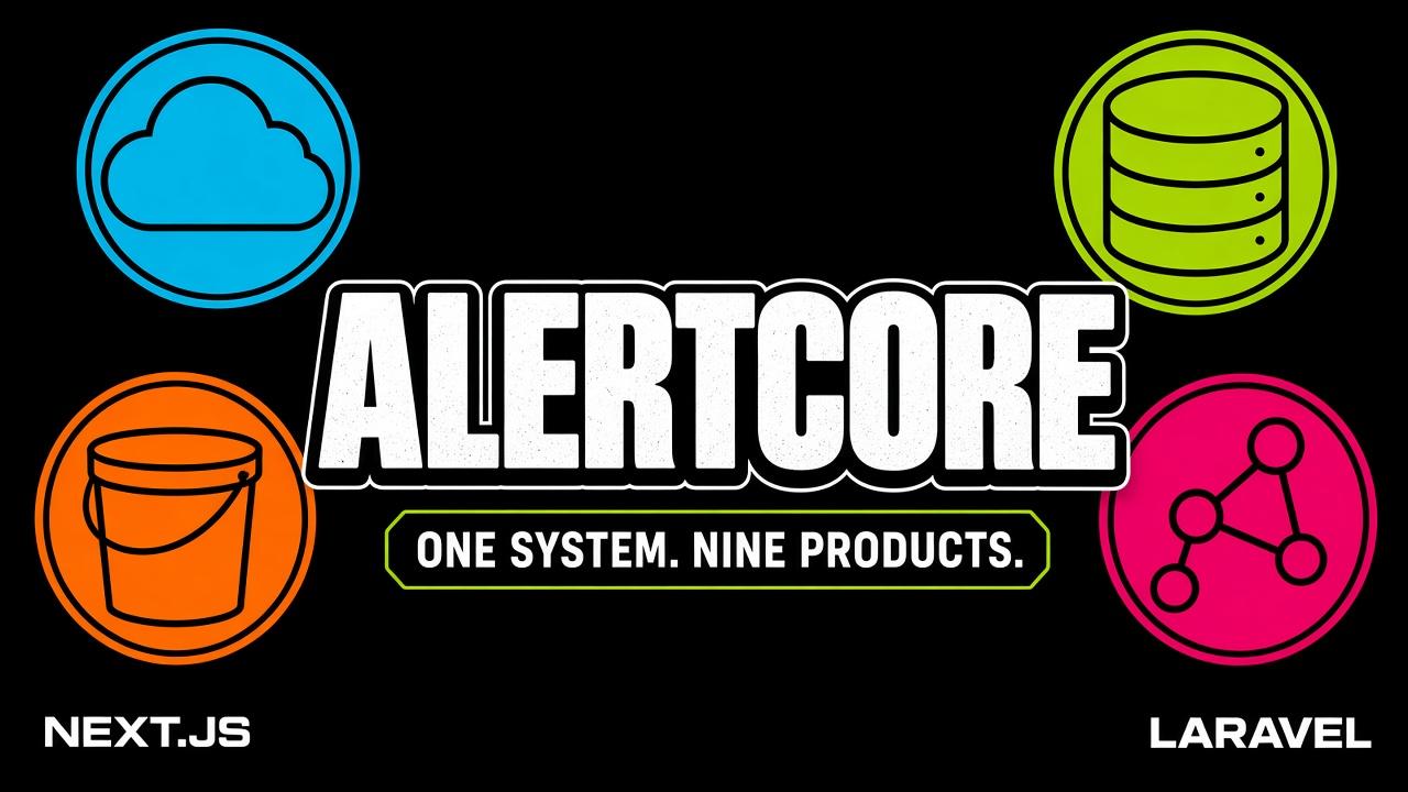 Bold graphic of AlertCore as one system across Cloud Run, Postgres, Storage and Firestore