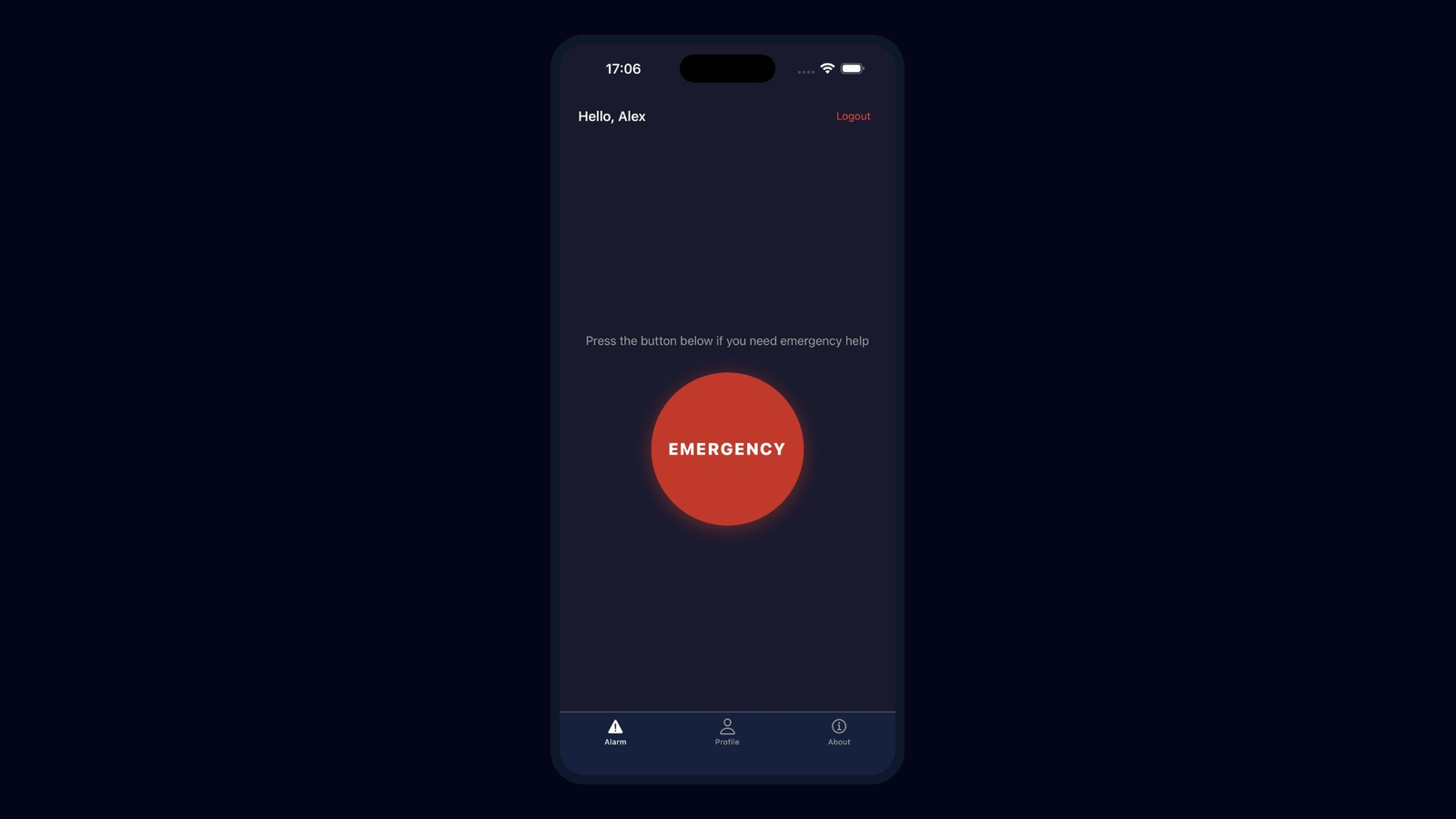 ShopAssist emergency screen with a large red panic button