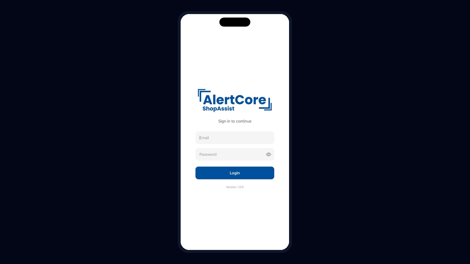 ShopAssist login screen with email and password