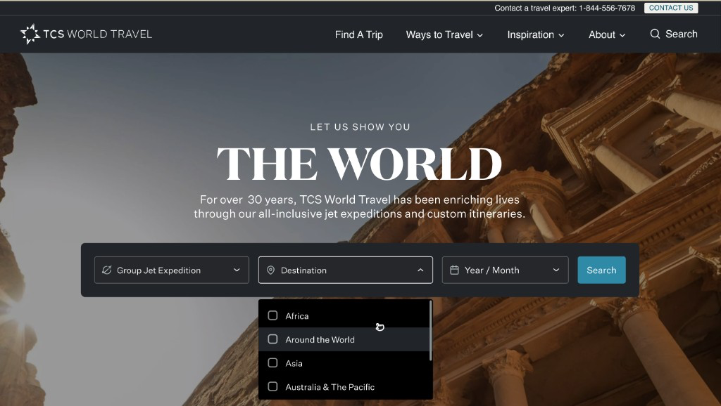 TCS World Travel homepage with Petra hero and trip finder